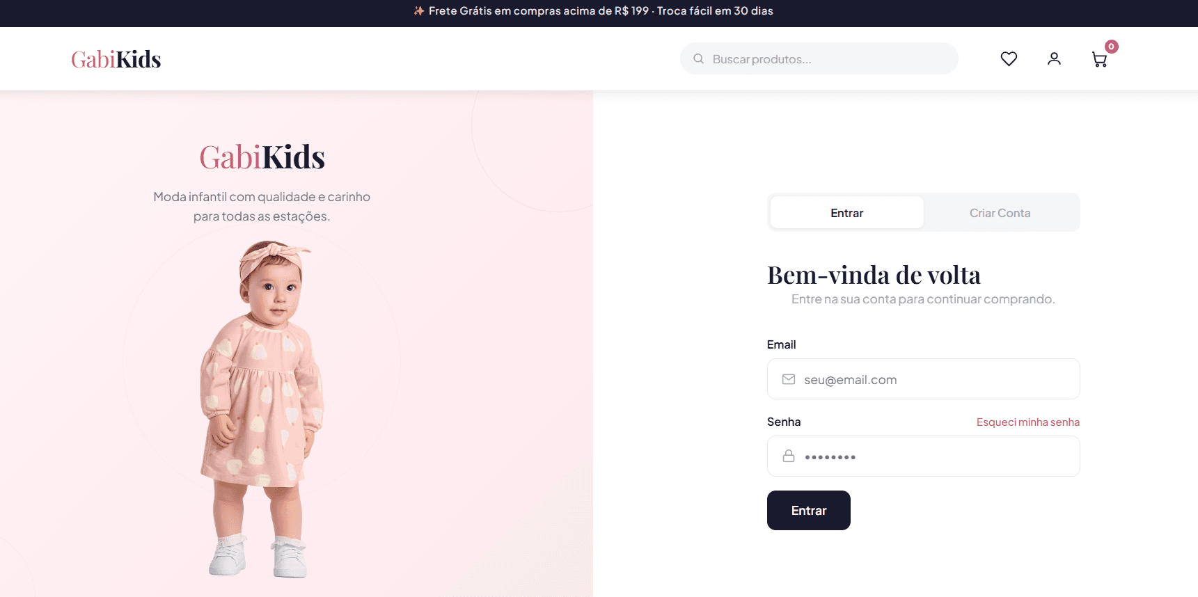 Screenshot do projeto real — loja GabiKids