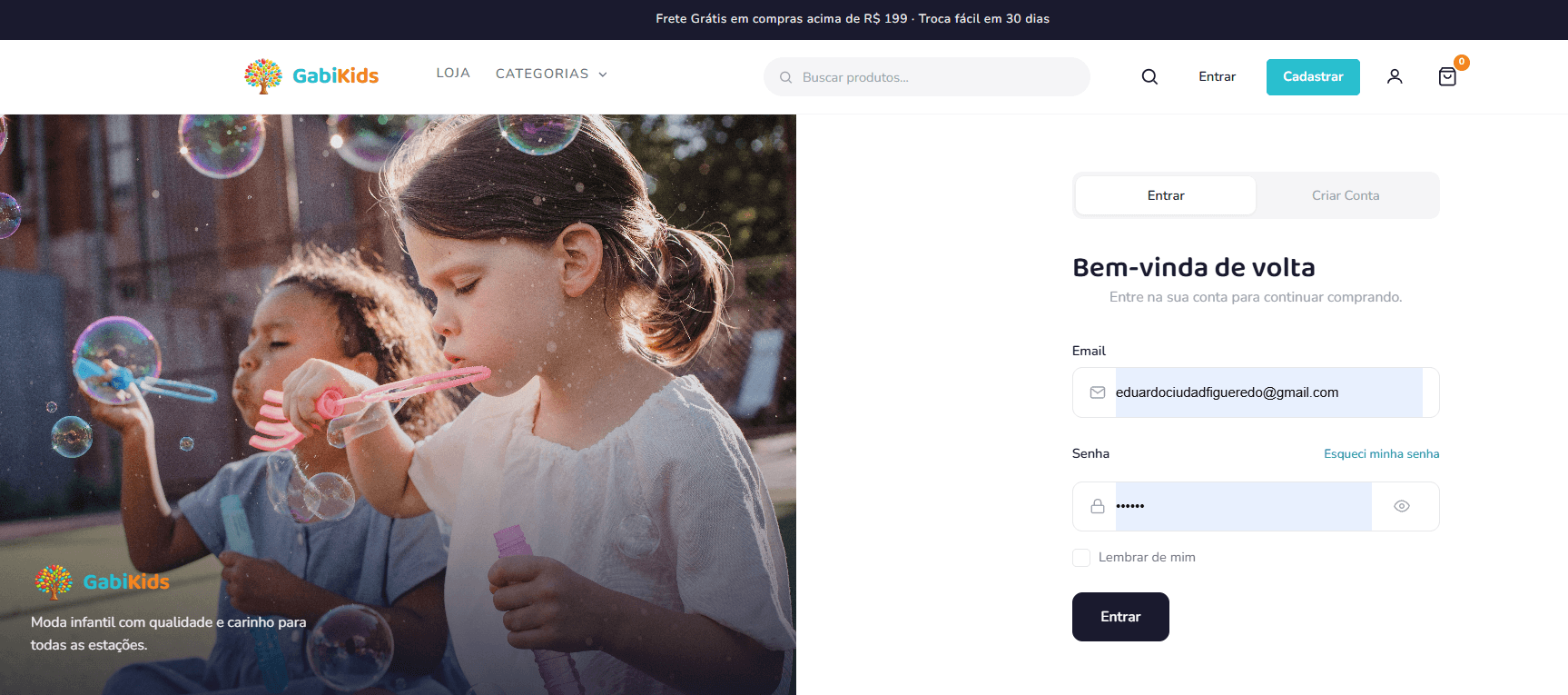 Screenshot do projeto real — loja GabiKids